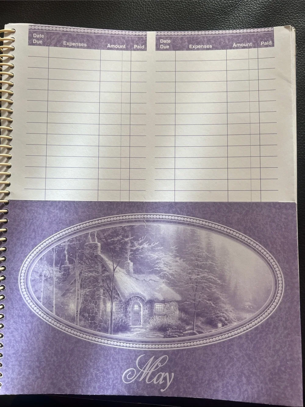 Thomas Kinkade 12 Month Spiral Bill Organizer - Purple with Cottage Artwork